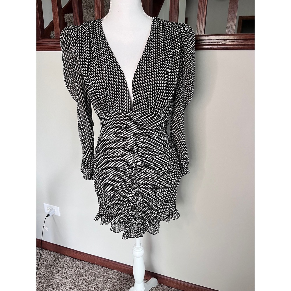 Zara Womens Geometric Print Ruched Mini Dress Black White‎ Puff Sleeve V-Neck M